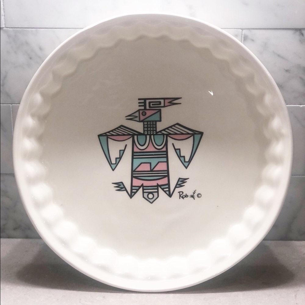 Mid Century Modern Native American Thunderbird Design Pottery Pie Plate